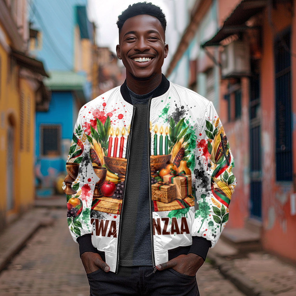 Kwanzaa Pan African Sleeve Zip Bomber Jacket - Mishumaa Saba - Black History - Watercolor Art