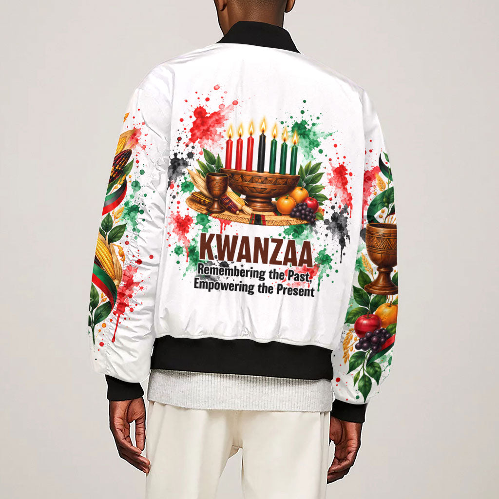 Kwanzaa Pan African Sleeve Zip Bomber Jacket - Mishumaa Saba - Black History - Watercolor Art