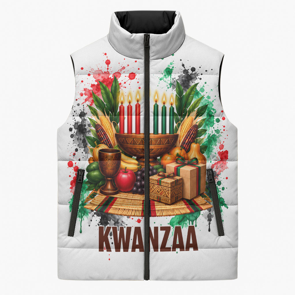 Kwanzaa Pan African Sleeveless Puffer Jacket - Mishumaa Saba - Black History - Watercolor Art