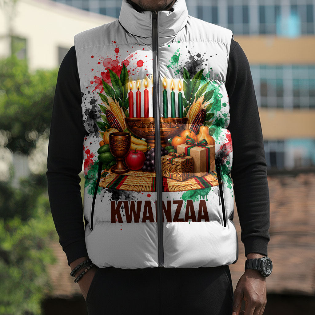 Kwanzaa Pan African Sleeveless Puffer Jacket - Mishumaa Saba - Black History - Watercolor Art