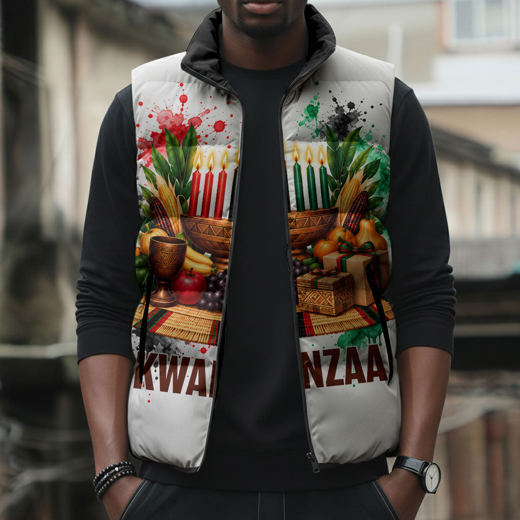 Kwanzaa Pan African Sleeveless Puffer Jacket - Mishumaa Saba - Black History - Watercolor Art
