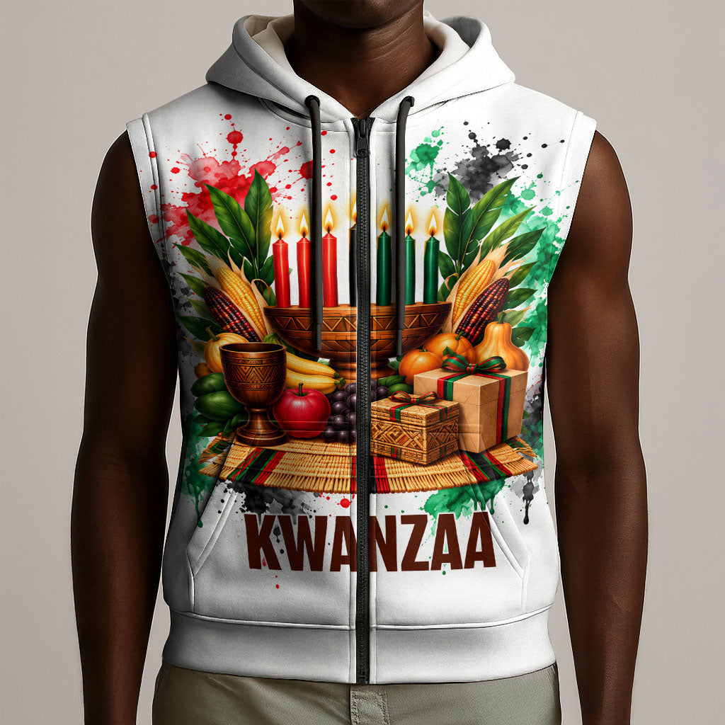 Kwanzaa Pan African Sleeveless Zip Hoodie - Mishumaa Saba - Black History - Watercolor Art
