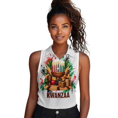 Kwanzaa Pan African Women Sleeveless Polo Shirt - Mishumaa Saba - Black History - Watercolor Art