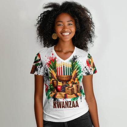 Kwanzaa Pan African Women V-Neck T-Shirt - Mishumaa Saba - Black History - Watercolor Art