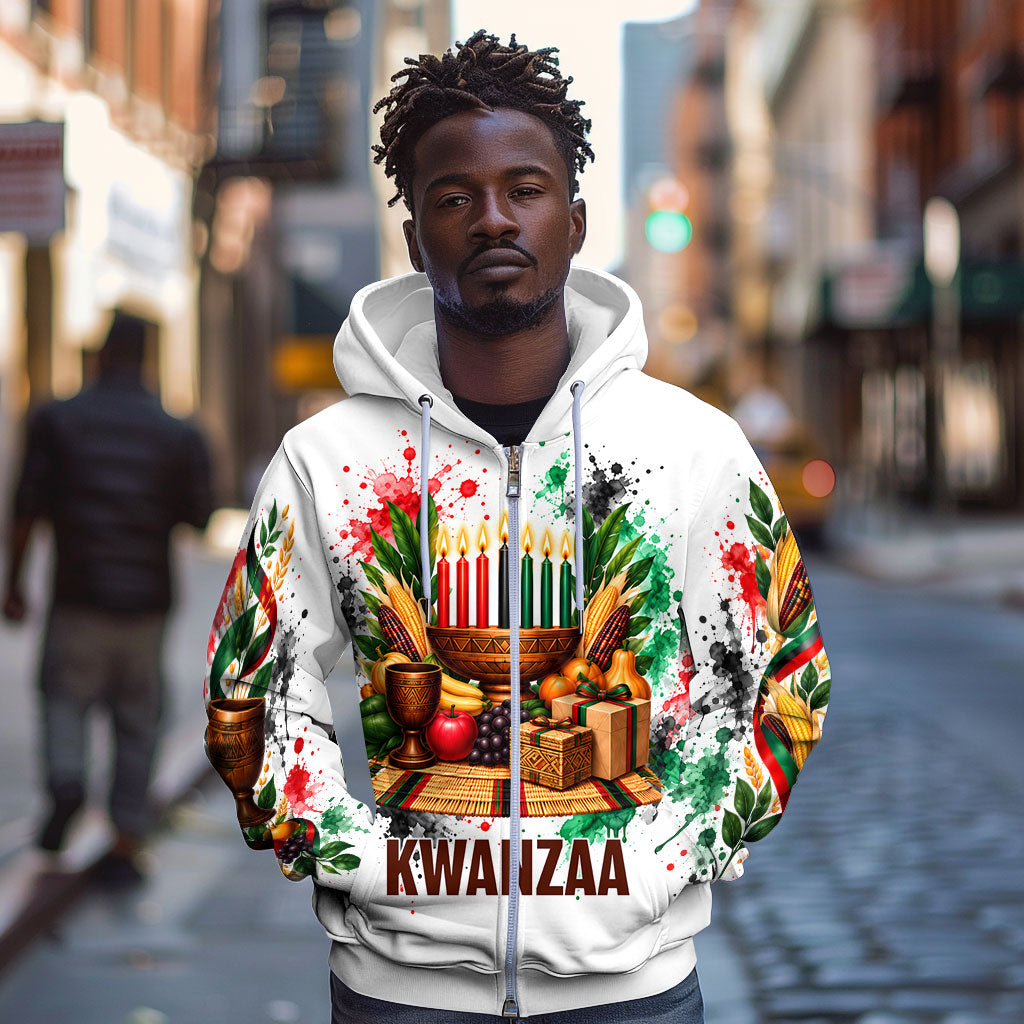 Kwanzaa Pan African Zip Hoodie - Mishumaa Saba - Black History - Watercolor Art
