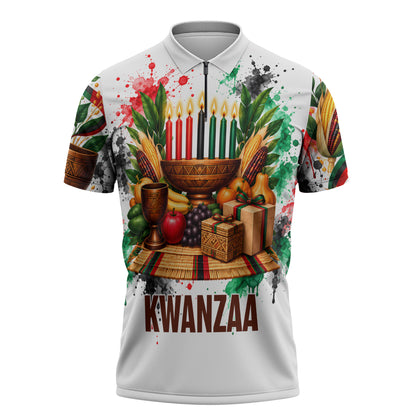 Kwanzaa Pan African Zipper Polo Shirt - Mishumaa Saba - Black History - Watercolor Art