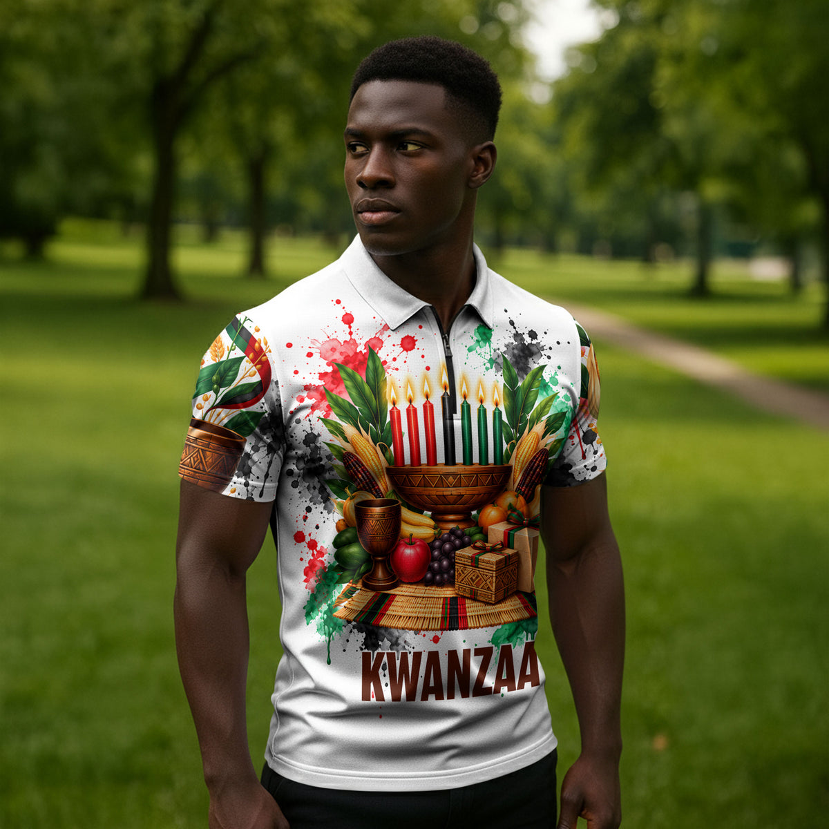 Kwanzaa Pan African Zipper Polo Shirt - Mishumaa Saba - Black History - Watercolor Art