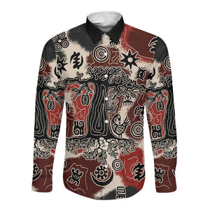 Adinkra Baobab Roots Long Sleeve Button Shirt African Ancestral Spirit Design - African Pride