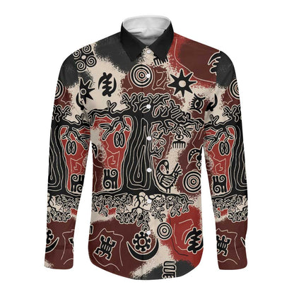 Adinkra Baobab Roots Long Sleeve Button Shirt African Ancestral Spirit Design - African Pride