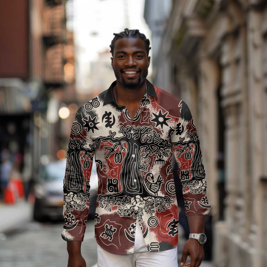 Adinkra Baobab Roots Long Sleeve Button Shirt African Ancestral Spirit Design - African Pride