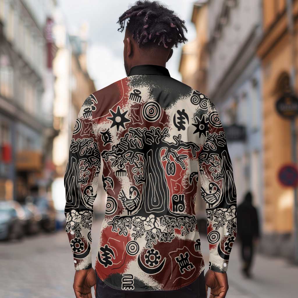 Adinkra Baobab Roots Long Sleeve Button Shirt African Ancestral Spirit Design - African Pride
