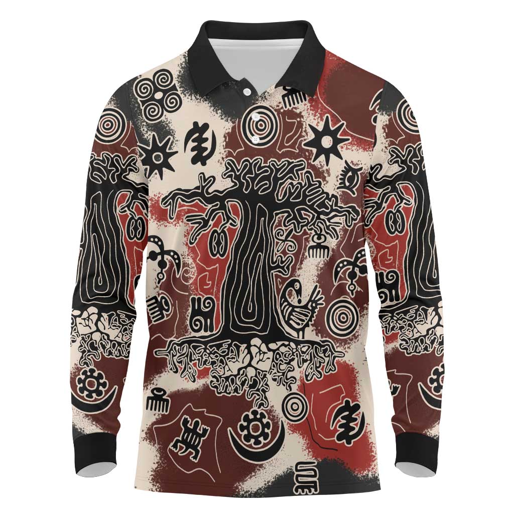 Adinkra Baobab Roots Long Sleeve Polo Shirt African Ancestral Spirit Design - African Pride