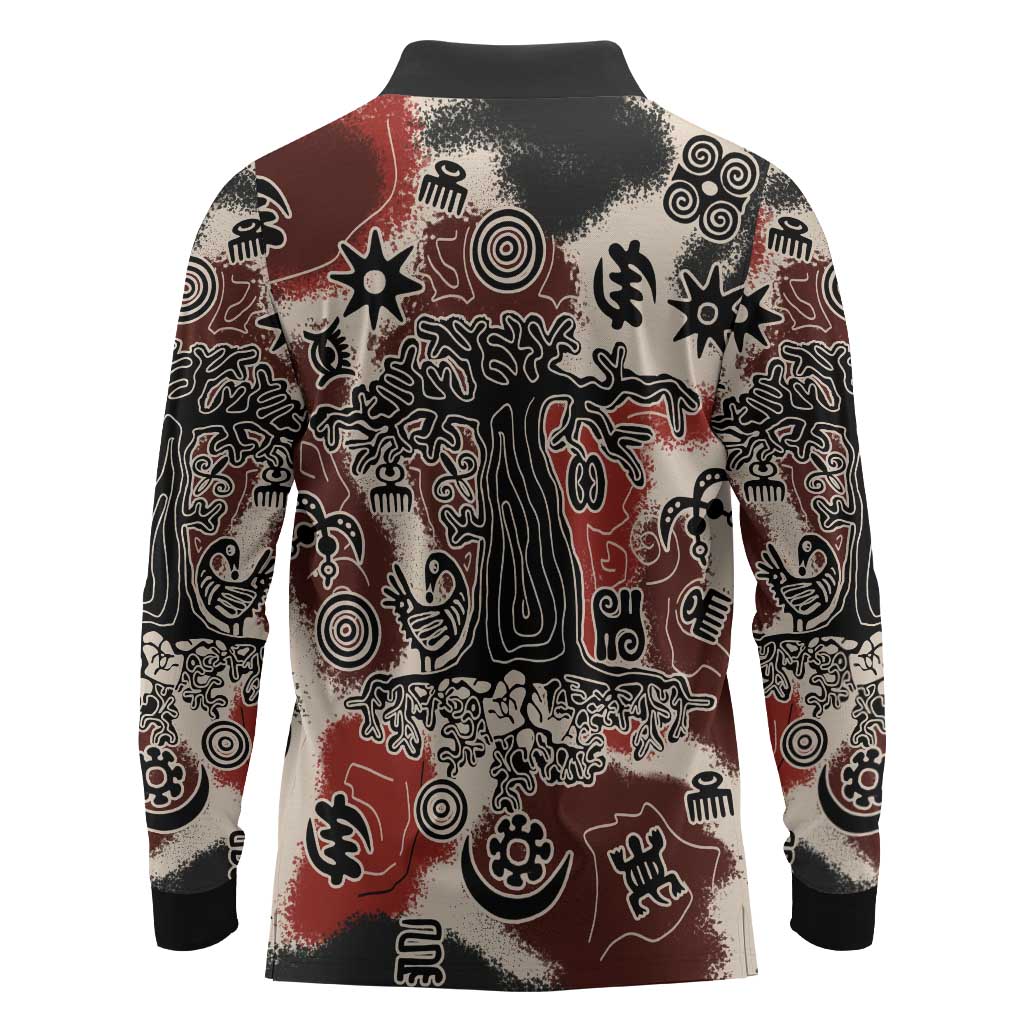 Adinkra Baobab Roots Long Sleeve Polo Shirt African Ancestral Spirit Design - African Pride