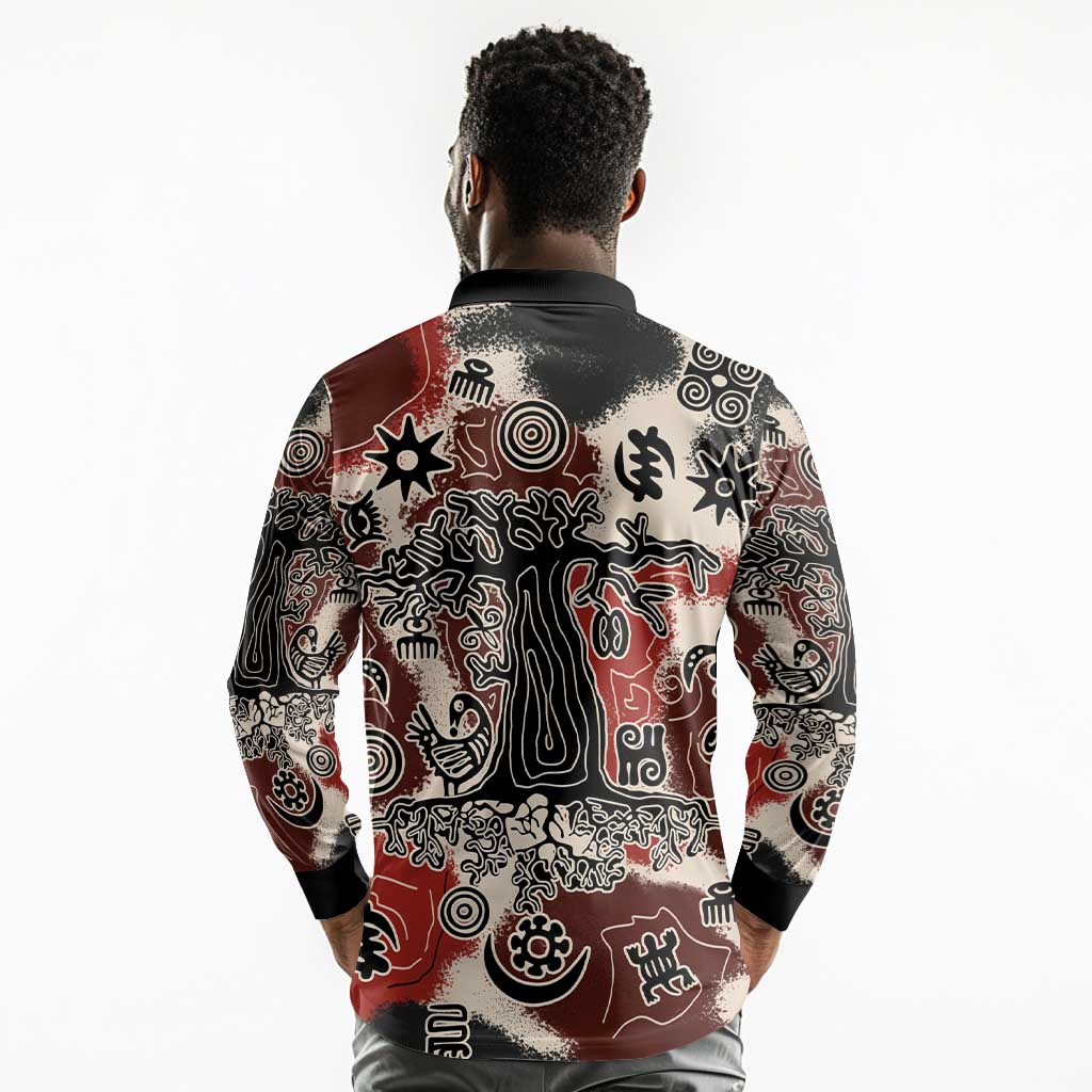 Adinkra Baobab Roots Long Sleeve Polo Shirt African Ancestral Spirit Design - African Pride