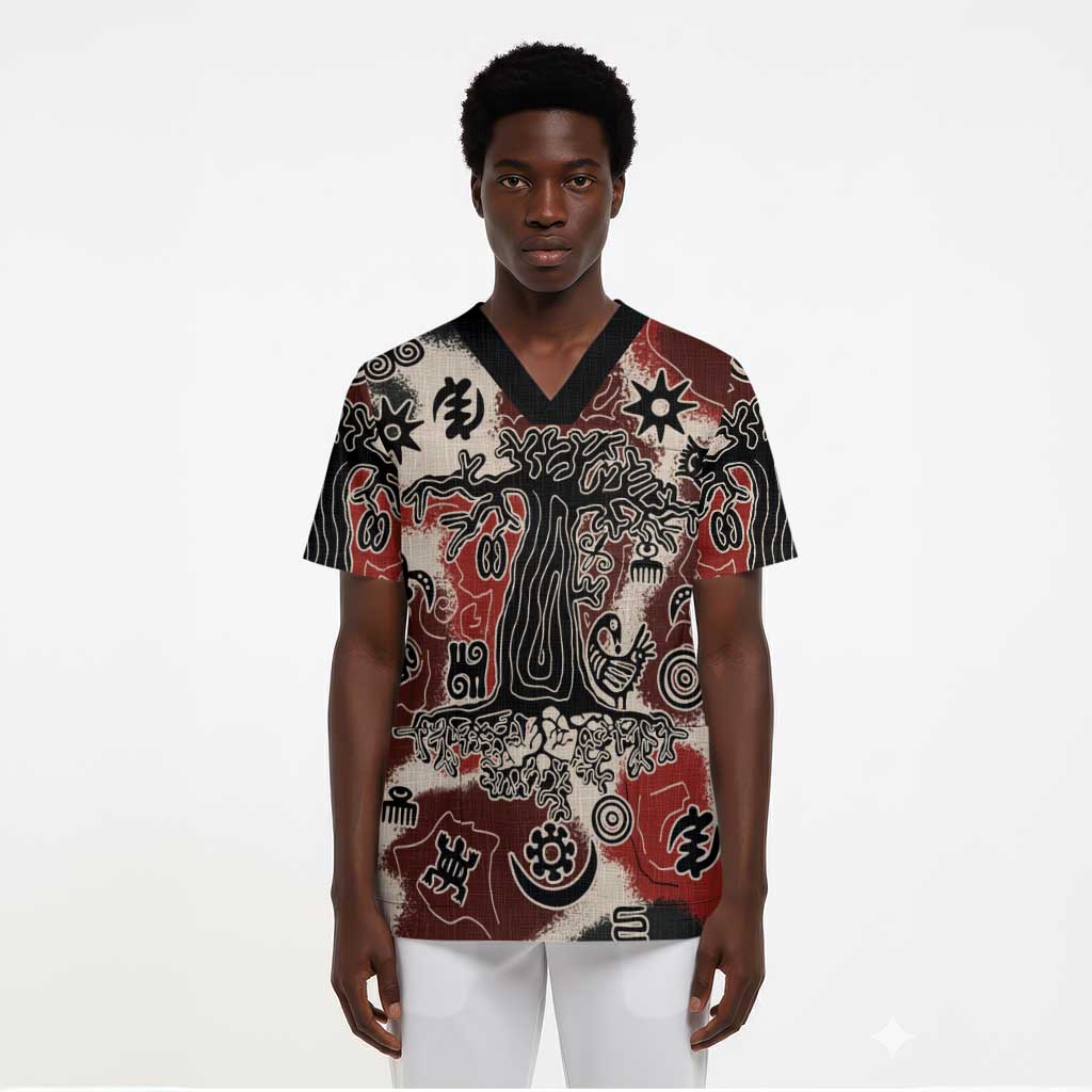 Adinkra Baobab Roots Scrub Top African Ancestral Spirit Design - African Pride
