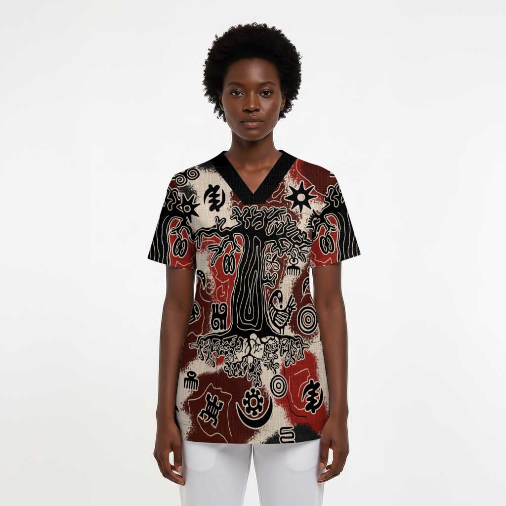 Adinkra Baobab Roots Scrub Top African Ancestral Spirit Design - African Pride