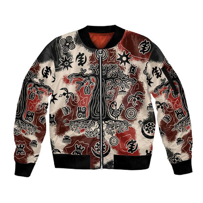 Adinkra Baobab Roots Sleeve Zip Bomber Jacket African Ancestral Spirit Design - African Pride