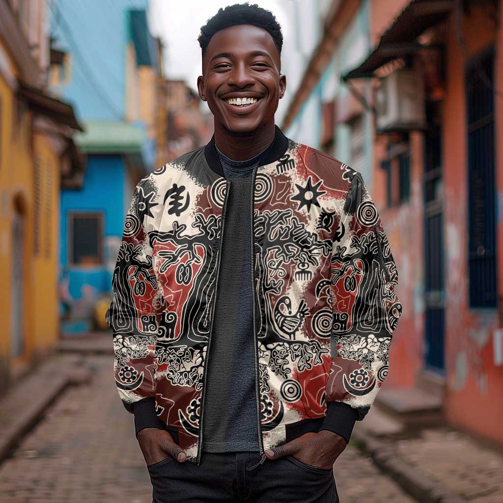 Adinkra Baobab Roots Sleeve Zip Bomber Jacket African Ancestral Spirit Design - African Pride