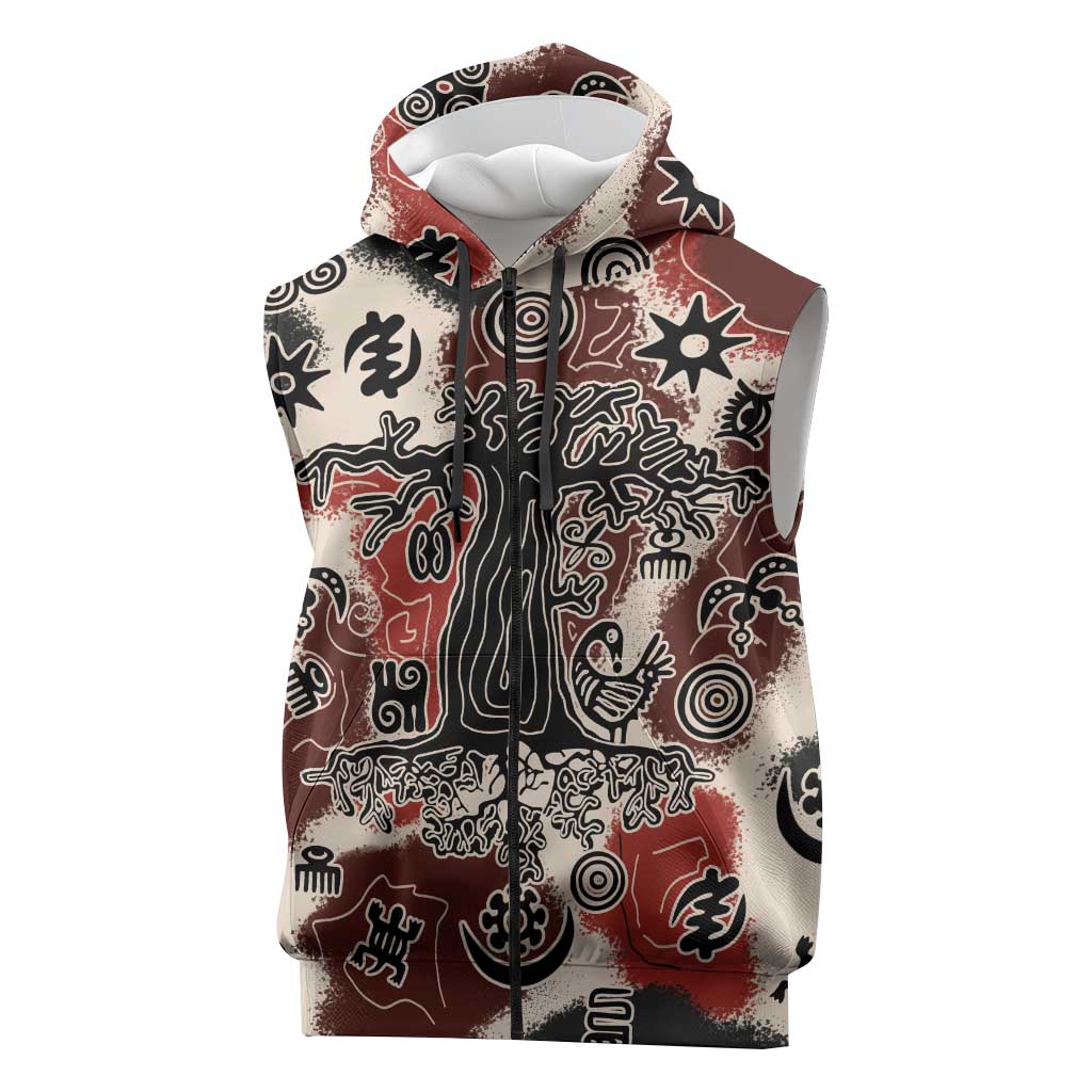 Adinkra Baobab Roots Sleeveless Zip Hoodie African Ancestral Spirit Design - African Pride