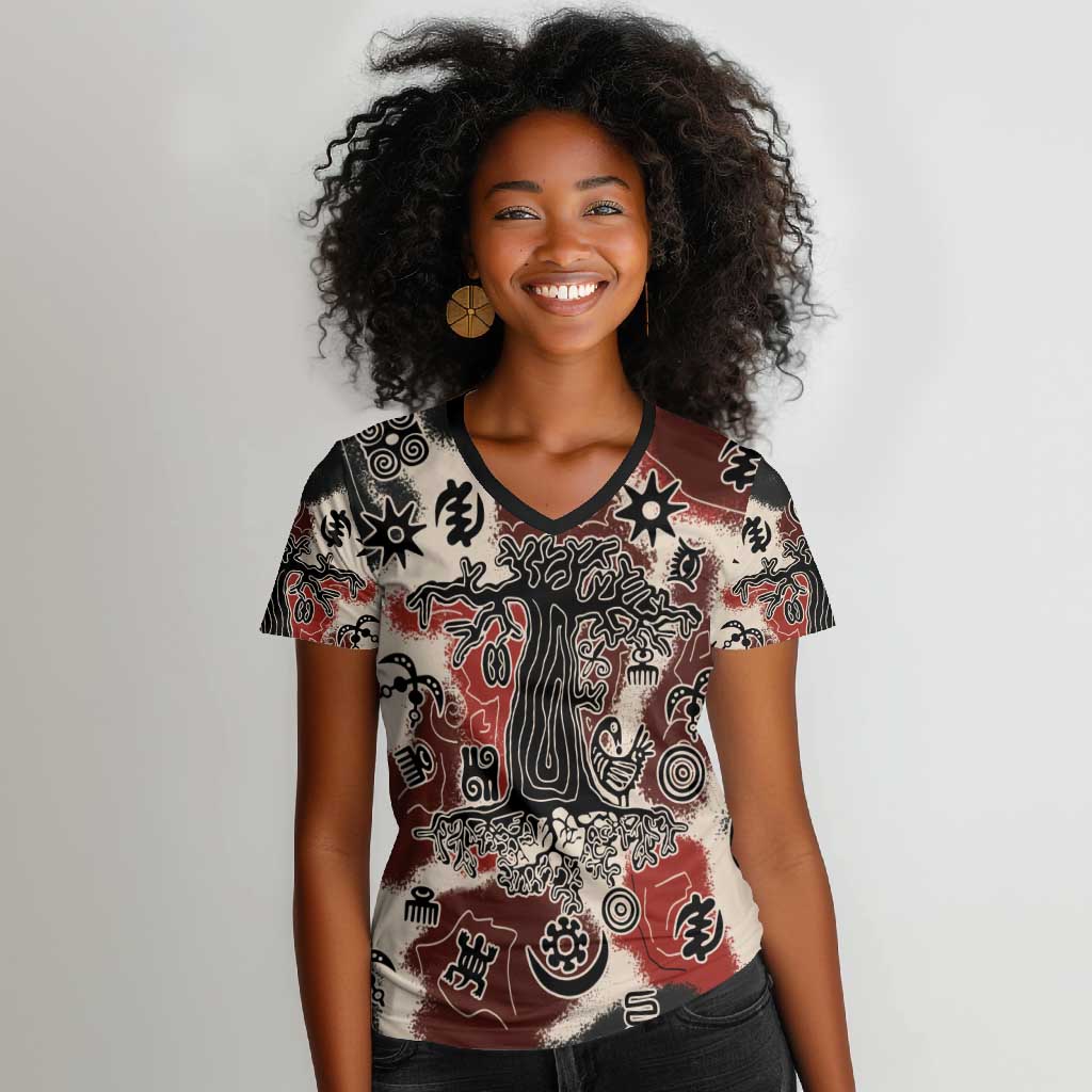 Adinkra Baobab Roots Women V-Neck T-Shirt African Ancestral Spirit Design - African Pride