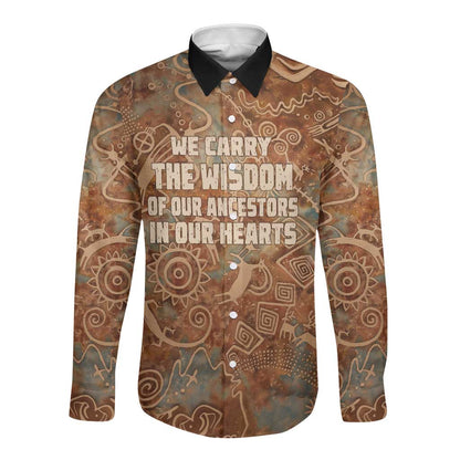 We Carry The Wisdom Long Sleeve Button Shirt Indigenous Spirit Quote Art - African Pride
