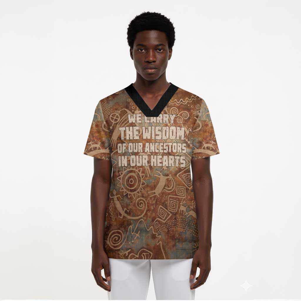 We Carry The Wisdom Scrub Top Indigenous Spirit Quote Art - African Pride