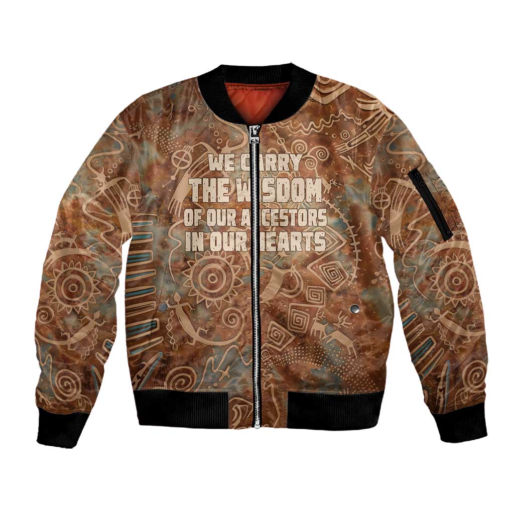 We Carry The Wisdom Sleeve Zip Bomber Jacket Indigenous Spirit Quote Art - African Pride