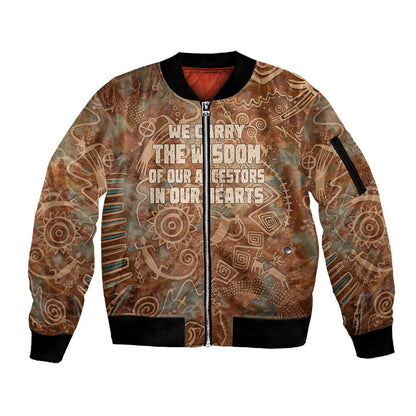 We Carry The Wisdom Sleeve Zip Bomber Jacket Indigenous Spirit Quote Art - African Pride