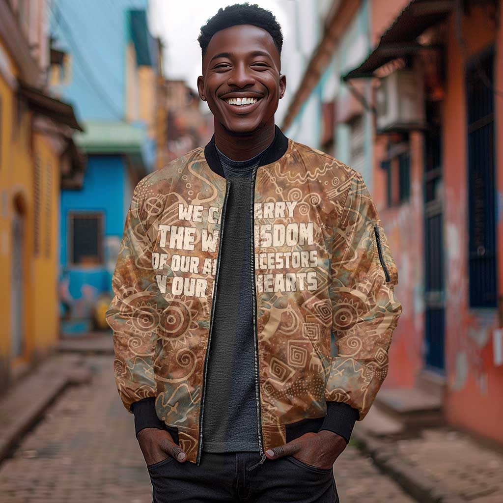 We Carry The Wisdom Sleeve Zip Bomber Jacket Indigenous Spirit Quote Art - African Pride