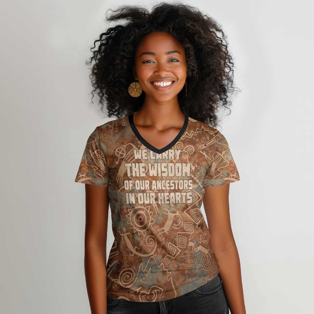 We Carry The Wisdom Women V-Neck T-Shirt Indigenous Spirit Quote Art - African Pride