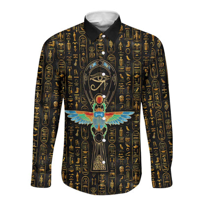 Ankh Horus Scarab Egyptian Long Sleeve Button Shirt Ancient Egypt - African Spiritual Legacy - African Pride