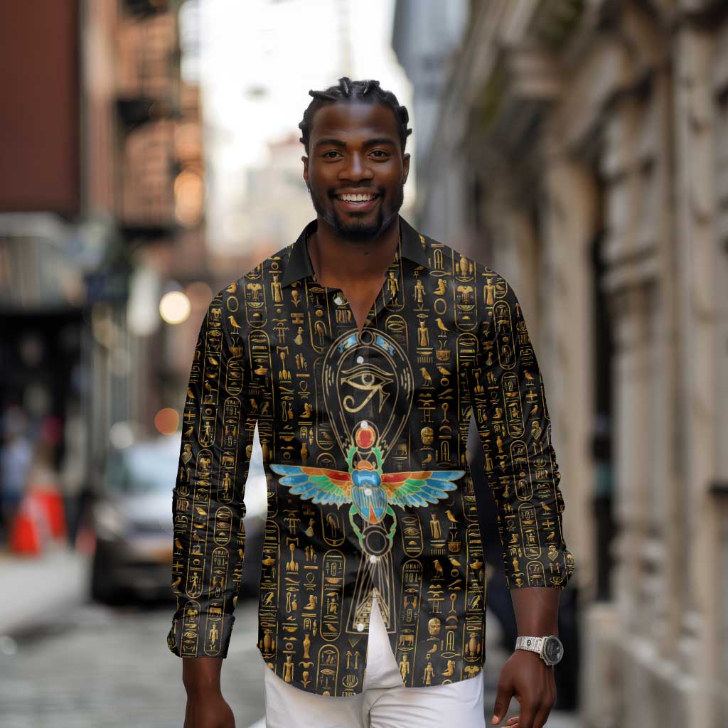 Ankh Horus Scarab Egyptian Long Sleeve Button Shirt Ancient Egypt - African Spiritual Legacy - African Pride