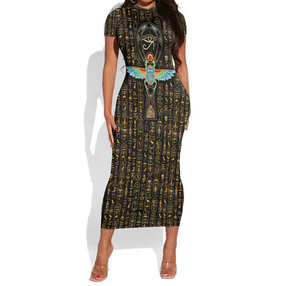 Ankh Horus Scarab Egyptian Short Sleeve Bodycon Dress Ancient Egypt - African Spiritual Legacy - African Pride