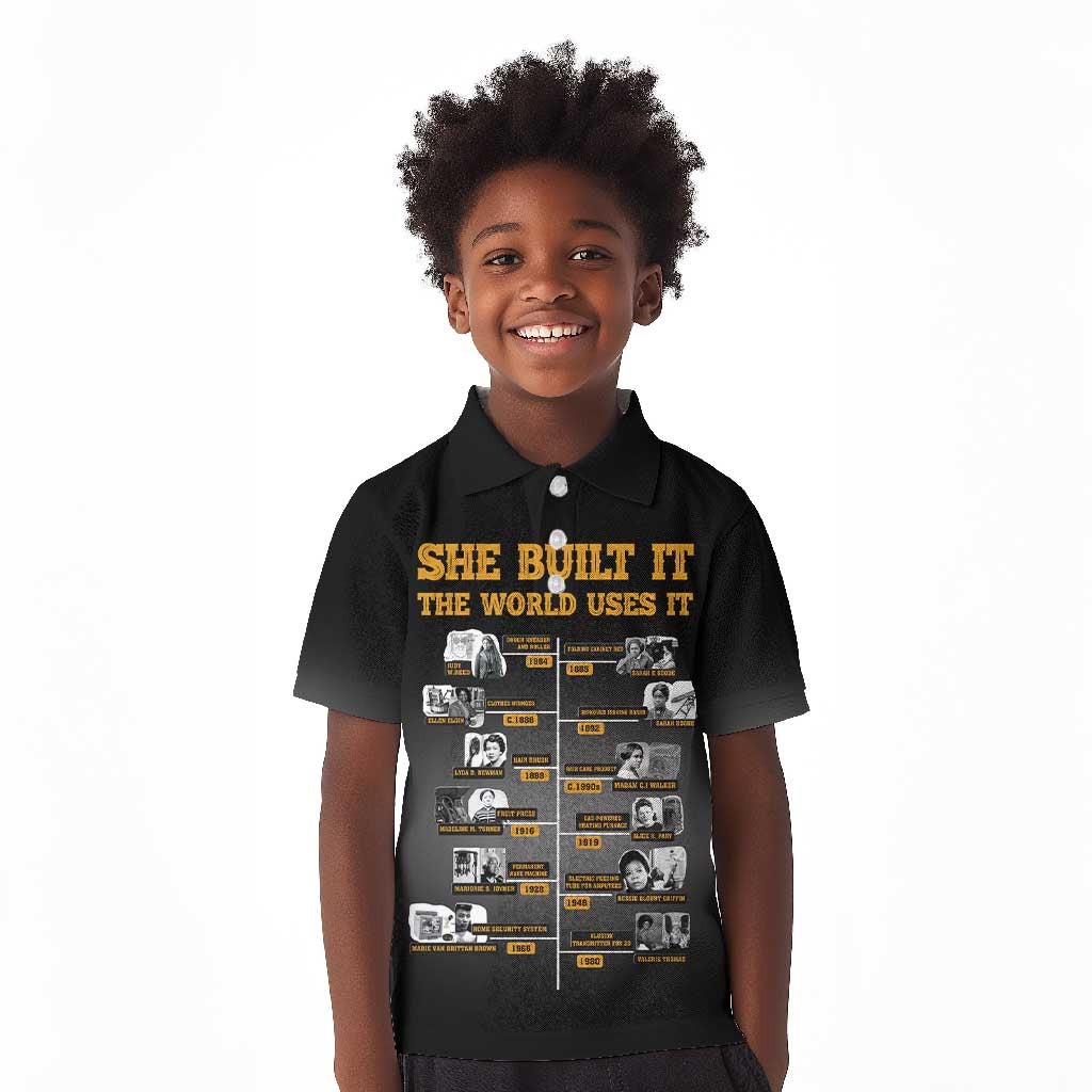 She Built It The World Uses It Kid Polo Shirt Black Women, Bold Inventions - African Pride