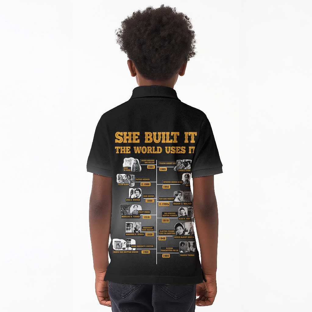 She Built It The World Uses It Kid Polo Shirt Black Women, Bold Inventions - African Pride
