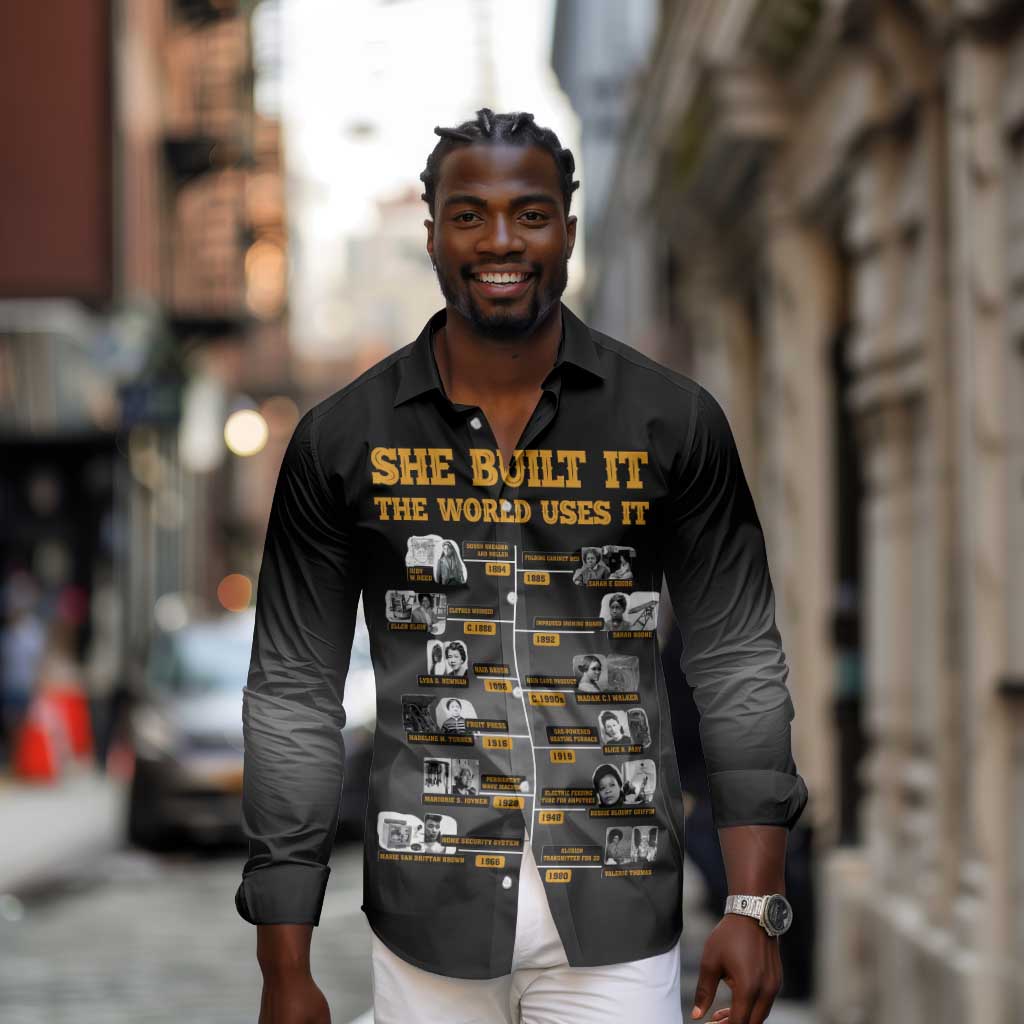 She Built It The World Uses It Long Sleeve Button Shirt Black Women, Bold Inventions - African Pride