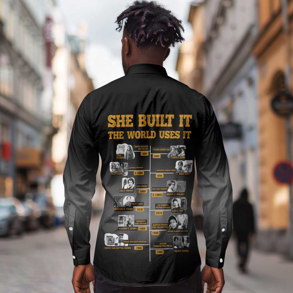 She Built It The World Uses It Long Sleeve Button Shirt Black Women, Bold Inventions - African Pride