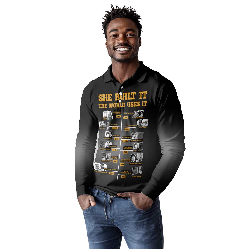 She Built It The World Uses It Long Sleeve Polo Shirt Black Women, Bold Inventions - African Pride