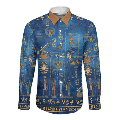 Ancient Egyptian Culture Long Sleeve Button Shirt Pharaohs Anubis Kemet and Symbolic Motifs - African Pride