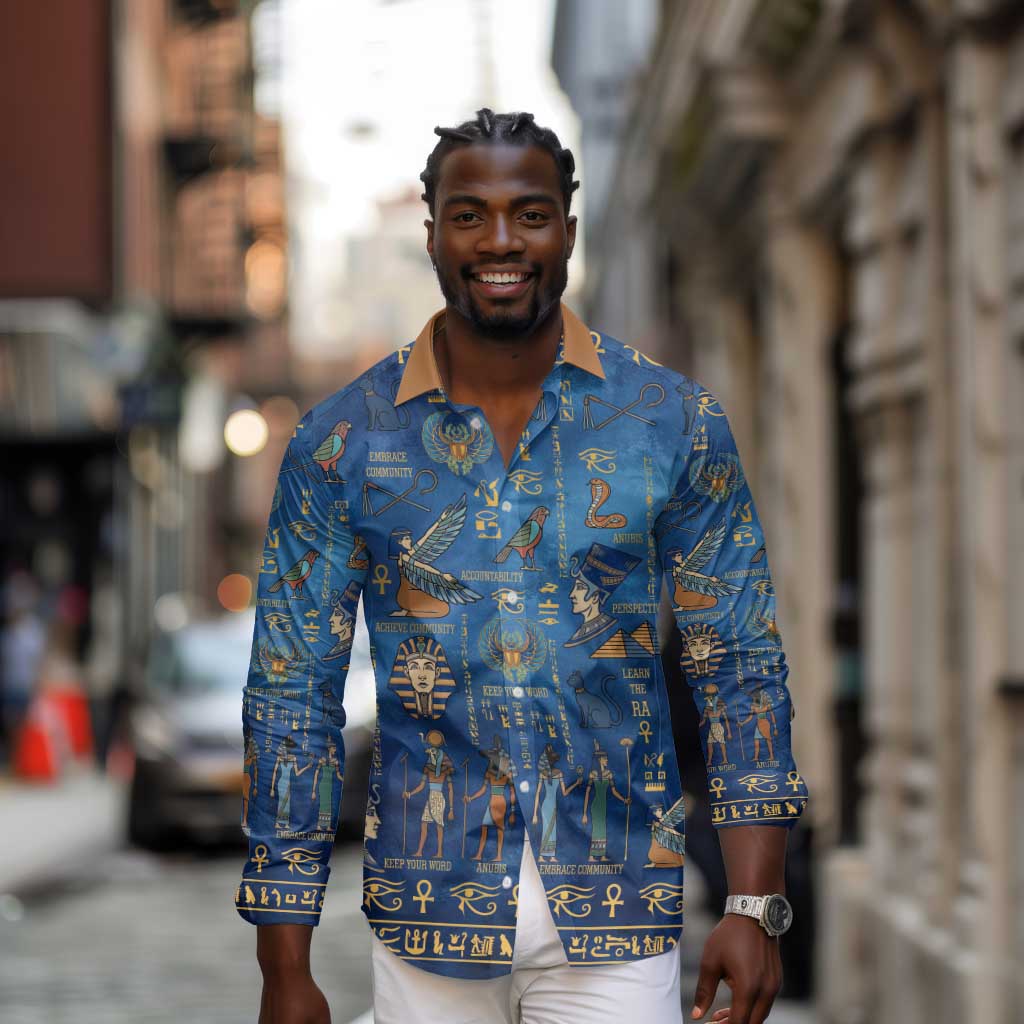 Ancient Egyptian Culture Long Sleeve Button Shirt Pharaohs Anubis Kemet and Symbolic Motifs - African Pride