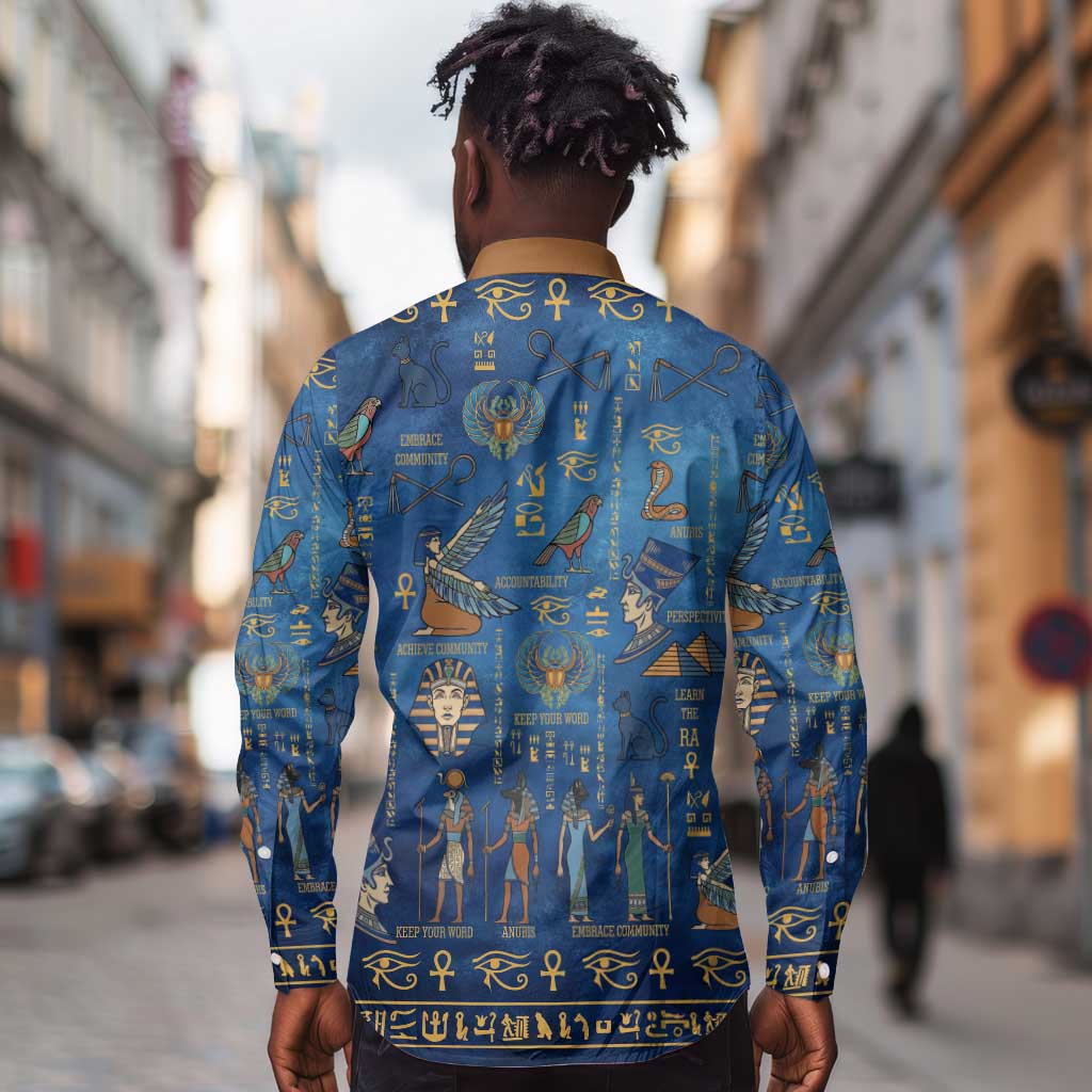 Ancient Egyptian Culture Long Sleeve Button Shirt Pharaohs Anubis Kemet and Symbolic Motifs - African Pride