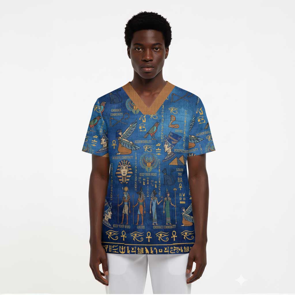 Ancient Egyptian Culture Scrub Top Pharaohs Anubis Kemet and Symbolic Motifs - African Pride