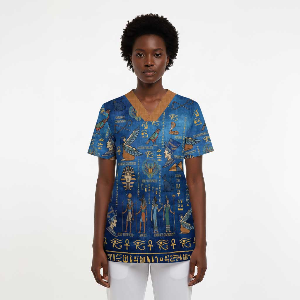 Ancient Egyptian Culture Scrub Top Pharaohs Anubis Kemet and Symbolic Motifs - African Pride