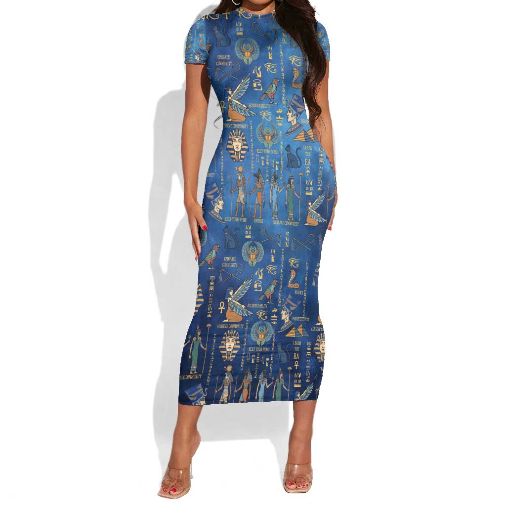 Ancient Egyptian Culture Short Sleeve Bodycon Dress Pharaohs Anubis Kemet and Symbolic Motifs - African Pride