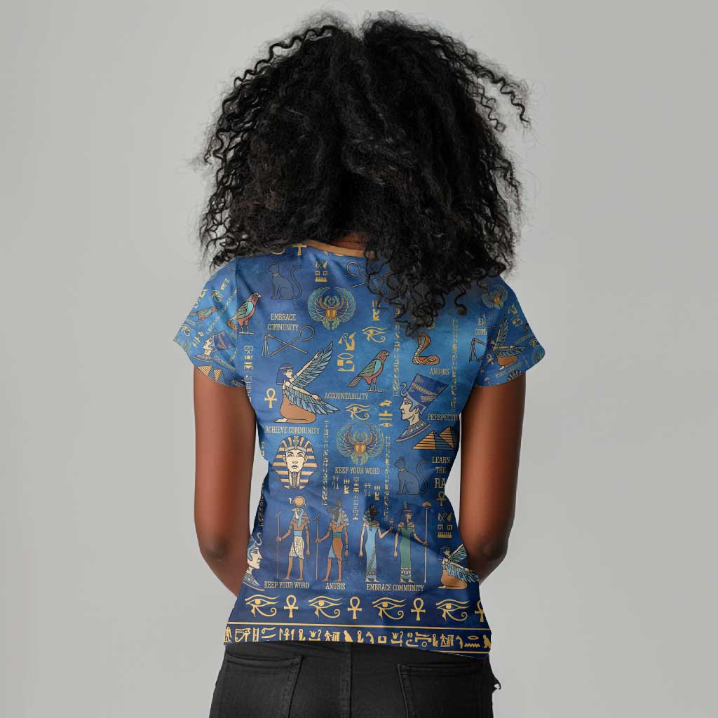 Ancient Egyptian Culture Women V-Neck T-Shirt Pharaohs Anubis Kemet and Symbolic Motifs - African Pride