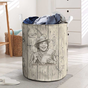 Zora Neale Hurston Laundry Basket Rustic Wood Engraved Style Illustration Joyful Portrait with Book and Map Donkey - African Pride