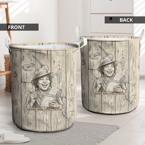 Zora Neale Hurston Laundry Basket Rustic Wood Engraved Style Illustration Joyful Portrait with Book and Map Donkey - African Pride