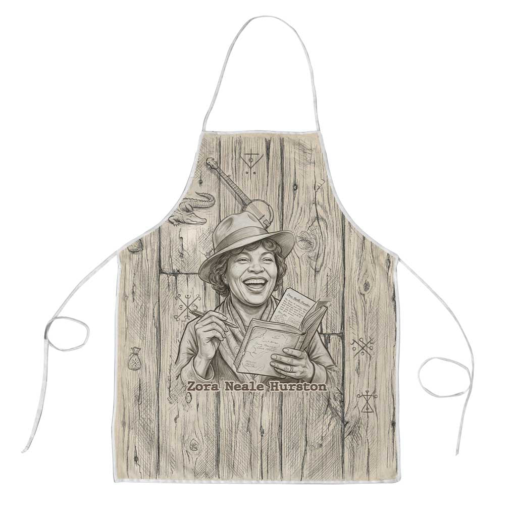Zora Neale Hurston Apron Rustic Wood Engraved Style Illustration Joyful Portrait with Book and Map Donkey - African Pride