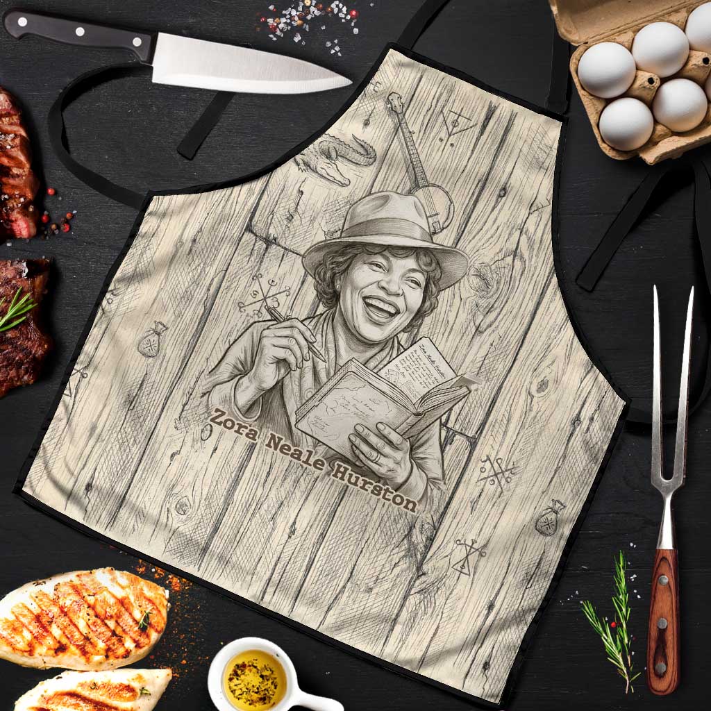 Zora Neale Hurston Apron Rustic Wood Engraved Style Illustration Joyful Portrait with Book and Map Donkey - African Pride