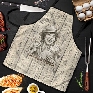 Zora Neale Hurston Apron Rustic Wood Engraved Style Illustration Joyful Portrait with Book and Map Donkey - African Pride